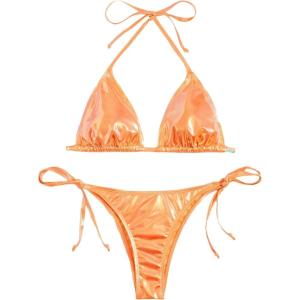 imageSOLY HUX Womens Metallic Halter Top Two Piece Swimsuit Tie Side Triangle Thong Bikini Bathing SwimwearPlain Orange