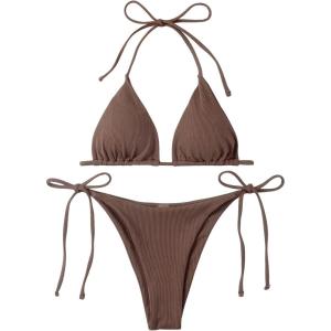 imageSOLY HUX Womens Metallic Halter Top Two Piece Swimsuit Tie Side Triangle Thong Bikini Bathing SwimwearRibbed Knit Brown