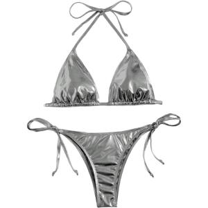 imageSOLY HUX Womens Metallic Halter Top Two Piece Swimsuit Tie Side Triangle Thong Bikini Bathing SwimwearSilver Plain