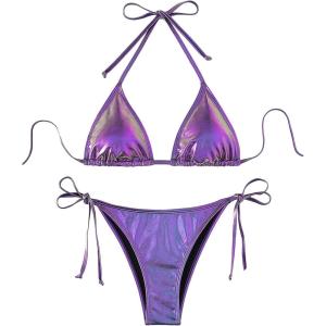 imageSOLY HUX Womens Metallic Halter Top Two Piece Swimsuit Tie Side Triangle Thong Bikini Bathing SwimwearViolet Purple Metallic