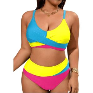 imageSOLY HUX Womens Plus Size Bathing Suit Color Block Criss Cross Wrap High Waisted Swimsuit Two Piece Bikini SetsBlue and Hotpink
