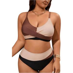 imageSOLY HUX Womens Plus Size Bathing Suit Color Block Criss Cross Wrap High Waisted Swimsuit Two Piece Bikini SetsBrown and Black