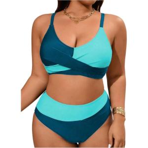 imageSOLY HUX Womens Plus Size Bathing Suit Color Block Criss Cross Wrap High Waisted Swimsuit Two Piece Bikini SetsDark Blue Colorblock