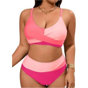 imageSOLY HUX Womens Plus Size Bathing Suit Color Block Criss Cross Wrap High Waisted Swimsuit Two Piece Bikini SetsPink Colorblock