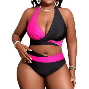imageSOLY HUX Womens Plus Size Swimsuit Color Block Halter Criss Cross Bikini Sets Two Piece Bathing SuitBlack and Hotpink