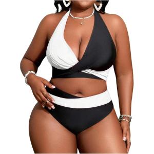 imageSOLY HUX Womens Plus Size Swimsuit Color Block Halter Criss Cross Bikini Sets Two Piece Bathing SuitBlack and White