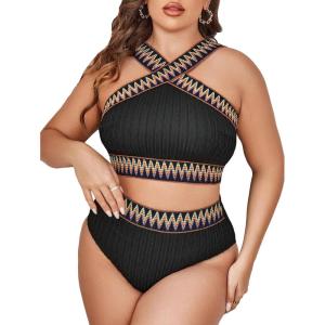 imageSOLY HUX Womens Plus Size Two Piece Swimsuit Chevron Print Criss Cross High Waisted Bikini Set Bathing SuitsBlack Chevron