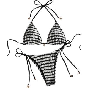 imageSOLY HUX Womens Striped Swimsuit Halter Triangle String Bikini Set Tie Side Two Piece Bathing SuitBlack and White Striped