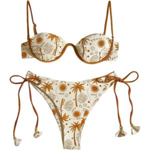 imageSOLY HUX Womens Tropical Bikini Sets Cute Fringe 2 Piece Underwire Swimsuits Boho Bathing SuitsBeige Tropical