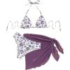 imageSOLY HUX Bikini Sets for Women 3 Piece Floral Print Halter Triangle Bathing Suit Swimsuit with Sarong Cover UpPurple Floral