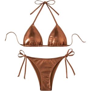 imageSOLY HUX Bathing Suit for Women Metallic Halter Top Two Piece Swimsuit Tie Side Triangle Thong Bikini SwimwearPure Bronze
