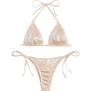 imageSOLY HUX Bathing Suit for Women Metallic Halter Top Two Piece Swimsuit Tie Side Triangle Thong Bikini SwimwearPure Champagne