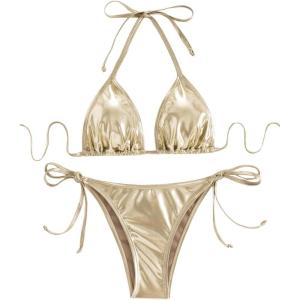 imageSOLY HUX Bathing Suit for Women Metallic Halter Top Two Piece Swimsuit Tie Side Triangle Thong Bikini SwimwearPure Gold