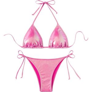 imageSOLY HUX Bathing Suit for Women Metallic Halter Top Two Piece Swimsuit Tie Side Triangle Thong Bikini SwimwearPure Hotpink