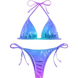 imageSOLY HUX Bathing Suit for Women Metallic Halter Top Two Piece Swimsuit Tie Side Triangle Thong Bikini SwimwearPure Purple