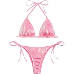 imageSOLY HUX Bathing Suit for Women Metallic Halter Top Two Piece Swimsuit Tie Side Triangle Thong Bikini SwimwearSolid Pink