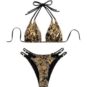 imageSOLY HUX Bathing Suit for Women Metallic Snakeskin Print Halter Triangle Cut Out Bikini Sets Two Piece SwimsuitMulticoloured