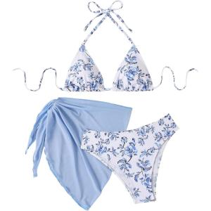 imageSOLY HUX Bikini Sets for Women 3 Piece Floral Print Halter Triangle Bathing Suit Swimsuit with Sarong Cover UpLight Blue Floral