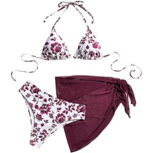 imageSOLY HUX Bikini Sets for Women 3 Piece Floral Print Halter Triangle Bathing Suit Swimsuit with Sarong Cover UpMulticoloured Floral
