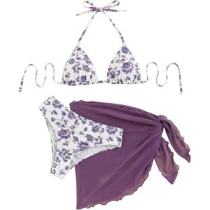 imageSOLY HUX Bikini Sets for Women 3 Piece Floral Print Halter Triangle Bathing Suit Swimsuit with Sarong Cover UpPurple Floral
