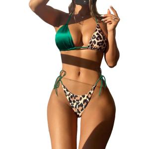 imageSOLY HUX Bikini Sets for Women Leopard Print Halter Triangle Tie Side Bathing Suits Two Piece SwimsuitGreen Leopard