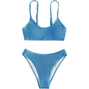 imageSOLY HUX Bikini Sets for Women Solid Textured Bikini Bathing Suits 2 Piece SwimsuitPlain Blue