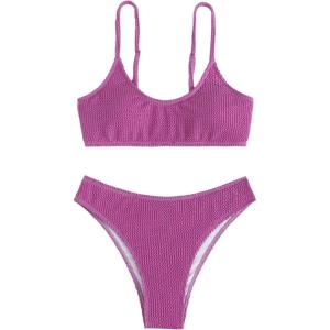 imageSOLY HUX Bikini Sets for Women Solid Textured Bikini Bathing Suits 2 Piece SwimsuitPlain Purple