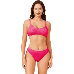 imageSOLY HUX Bikini Sets for Women Solid Textured Bikini Bathing Suits 2 Piece SwimsuitPure Hotpink