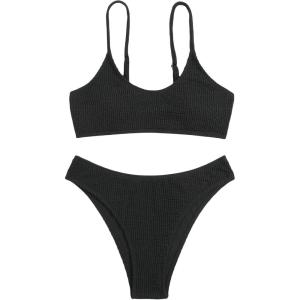 imageSOLY HUX Bikini Sets for Women Solid Textured Bikini Bathing Suits 2 Piece SwimsuitSolid Black