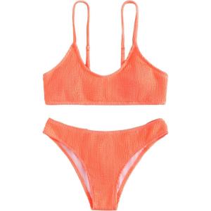 imageSOLY HUX Bikini Sets for Women Solid Textured Bikini Bathing Suits 2 Piece SwimsuitSolid Coral Orange