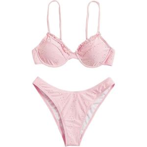 imageSOLY HUX Womens Bikini Set Eyelet Embroidered Underwire Frill Trim High Cut Bathing Suit 2 Piece SwimsuitSolid Pink