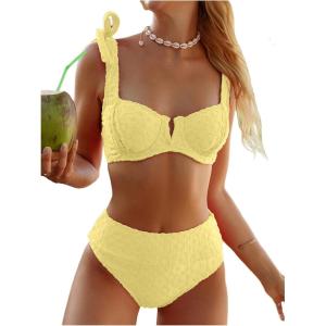imageSOLY HUX Womens High Waisted Bathing Suit Tie Shoulder Underwire Summer Swimsuit Bikini SetPure Yellow