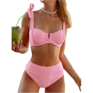 imageSOLY HUX Womens High Waisted Bathing Suit Tie Shoulder Underwire Summer Swimsuit Bikini SetSolid Pink