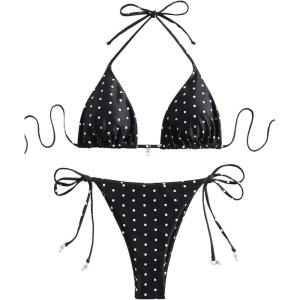 imageSOLY HUX Womens Polka Dots Print Bathing Suit Halter Triangle Tie Side Bikini Sets Two Piece SwimsuitBlack and White Printed