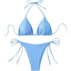 imageSOLY HUX Womens Polka Dots Print Bathing Suit Halter Triangle Tie Side Bikini Sets Two Piece SwimsuitBlue Polka Dots