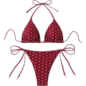 imageSOLY HUX Womens Polka Dots Print Bathing Suit Halter Triangle Tie Side Bikini Sets Two Piece SwimsuitBurgundy Polka Dots