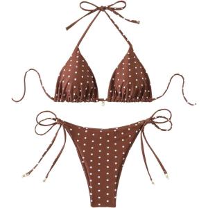 imageSOLY HUX Womens Polka Dots Print Bathing Suit Halter Triangle Tie Side Bikini Sets Two Piece SwimsuitCoffee Brown Polka Dots