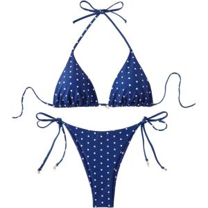 imageSOLY HUX Womens Polka Dots Print Bathing Suit Halter Triangle Tie Side Bikini Sets Two Piece SwimsuitDark Blue Polka Dots