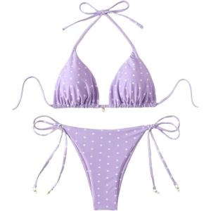 imageSOLY HUX Womens Polka Dots Print Bathing Suit Halter Triangle Tie Side Bikini Sets Two Piece SwimsuitPurple Polka Dots