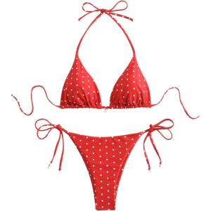 imageSOLY HUX Womens Polka Dots Print Bathing Suit Halter Triangle Tie Side Bikini Sets Two Piece SwimsuitRed Polka Dots