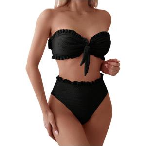 imageSOLY HUX Womens Ruffle Strapless Bikini Set 2 Piece Bandeau Swimsuit High Waist Bathing SuitsPlain Black