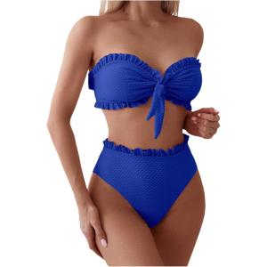 imageSOLY HUX Womens Ruffle Strapless Bikini Set 2 Piece Bandeau Swimsuit High Waist Bathing SuitsPlain Blue