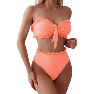 imageSOLY HUX Womens Ruffle Strapless Bikini Set 2 Piece Bandeau Swimsuit High Waist Bathing SuitsPlain Orange