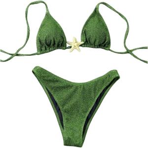 imageSOLY HUX Womens Sexy Halter Triangle Bikini Set Tie String Swimsuit High Cut Thong Two Piece Bathing SuitPure Green