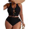 imageSOLY HUX Womens Plus Size Bikini Set Sexy Swimsuit Lace Up Tummy Control 2 Piece Bathing SuitPlain Black