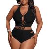 imageSOLY HUX Womens Plus Size Bikini Set Sexy Swimsuit Lace Up Tummy Control 2 Piece Bathing SuitPlain Black