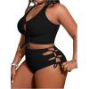 imageSOLY HUX Womens Plus Size Bikini Set Sexy Swimsuit Lace Up Tummy Control 2 Piece Bathing SuitPlain Black