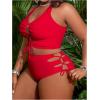 imageSOLY HUX Womens Plus Size Bikini Set Sexy Swimsuit Lace Up Tummy Control 2 Piece Bathing SuitSolid Red