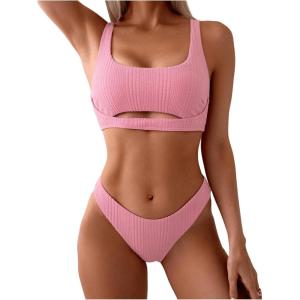 imageSOLY HUX Bathing Suit for Women Cut Out Square Neck Bikini Sets Two Piece SwimsuitSolid Pink