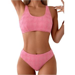 imageSOLY HUX Bathing Suit for Women Scoop Neck Bikini Sets Two Piece SwimsuitPlain Pink